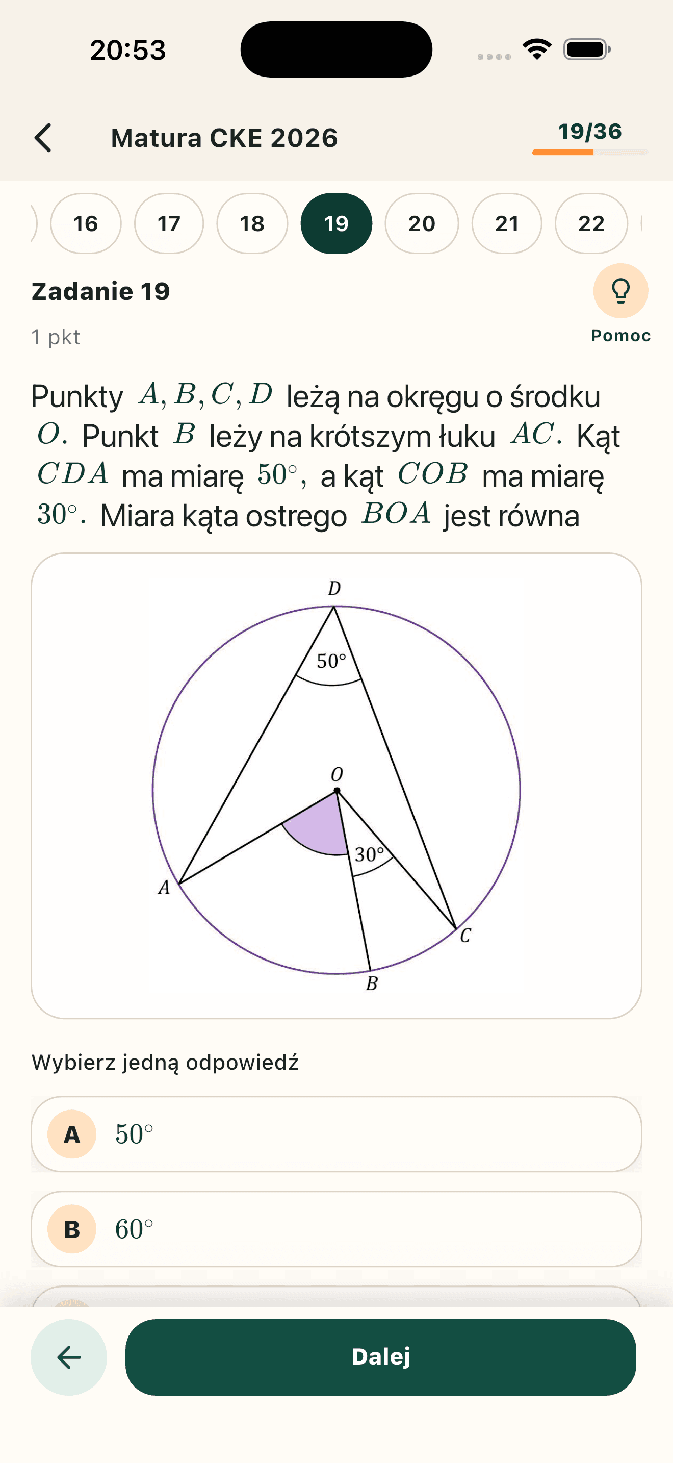 Arkusz CKE na telefonie: zadanie z geometrii i przyciski odpowiedzi