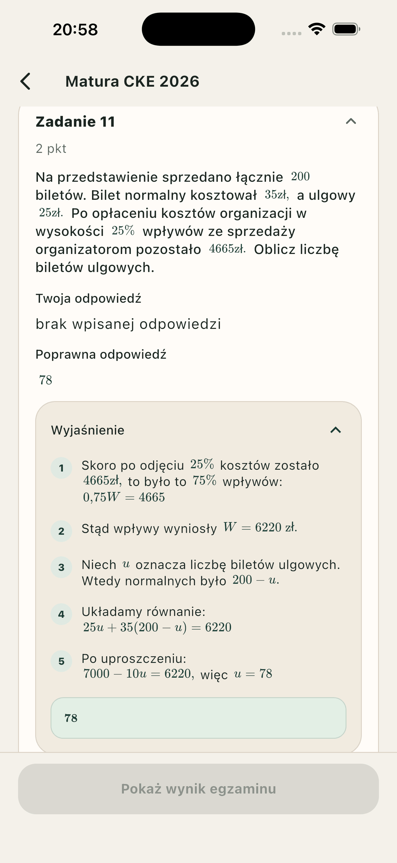 Podsumowanie zadania z poprawną odpowiedzią i pięcioma krokami rozwiązania