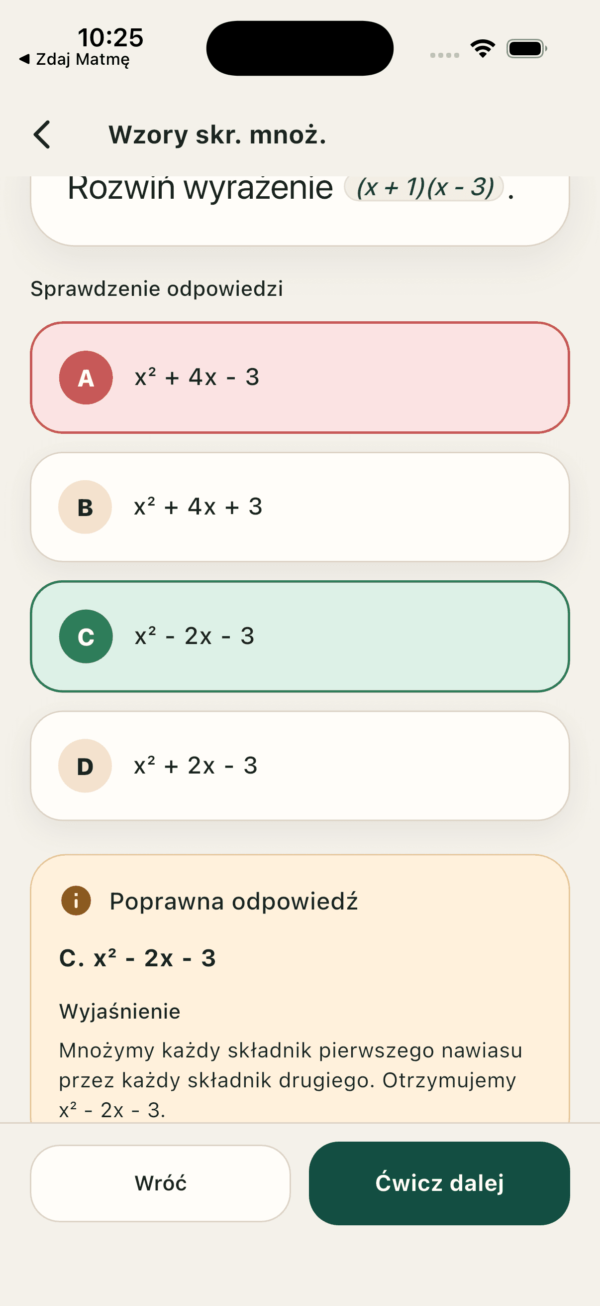 Ekran z poprawną odpowiedzią i wyjaśnieniem w aplikacji Zdaj Matmę