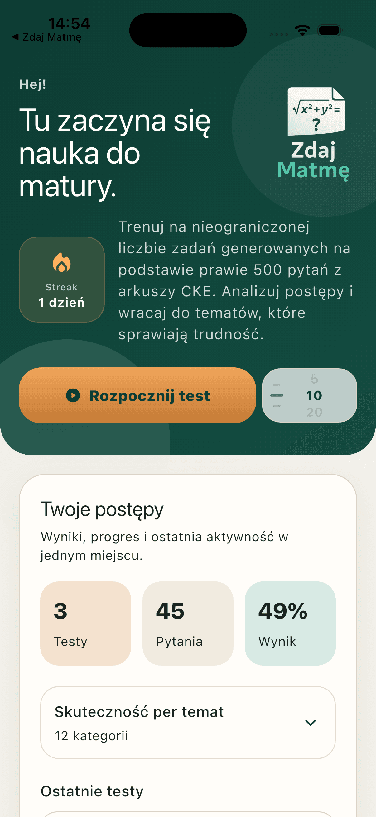 Podgląd ekranu głównego aplikacji Zdaj Matmę