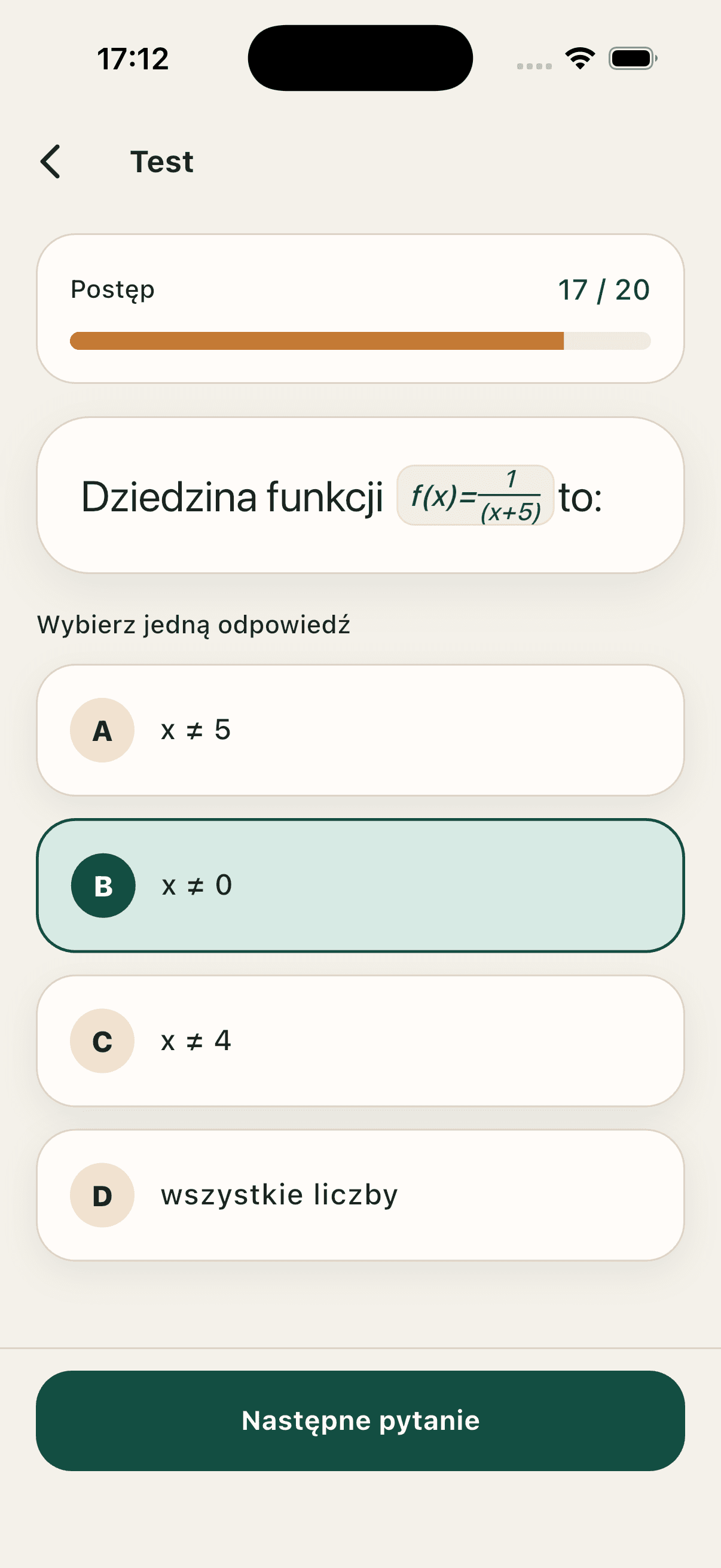 Podgląd ekranu testu aplikacji Zdaj Matmę